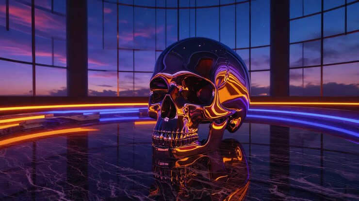 Teschio cromato con riflesso tramonto al neon