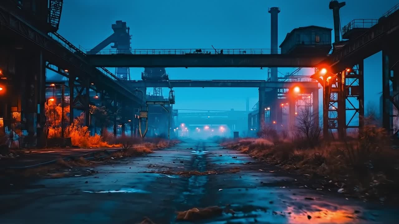 A dark alleyway in an abandoned industrial area at night