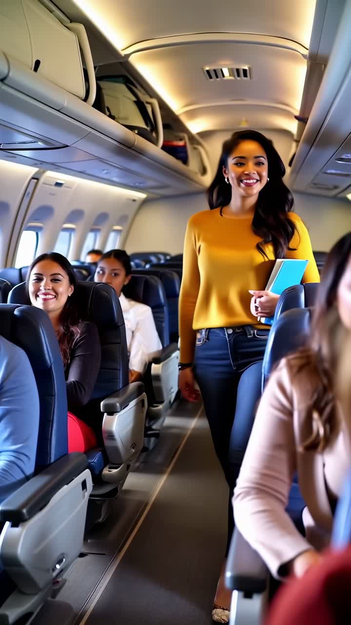 A woman is walking down the aisle of an airplane with a group of people