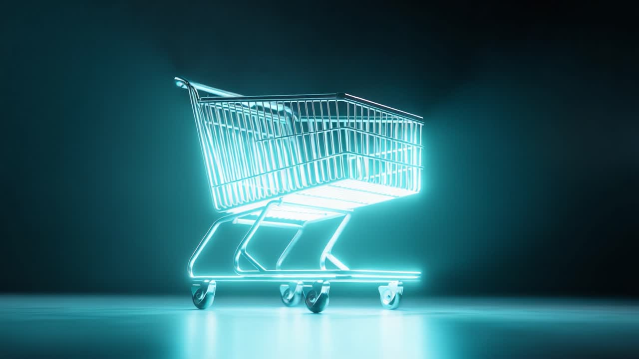 A Futuristic Neon Shopping Cart Illuminated in a Dark Space, Featuring a Sleek Design and Modern Aesthetic for Retail and E-Commerce Imagery
