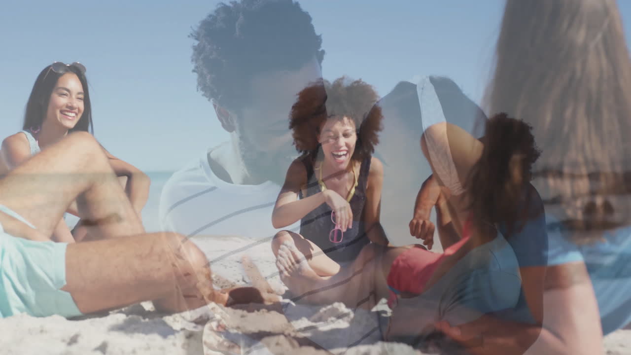 Laughing and relaxing on sunny beach, friends enjoying animation overlay effect