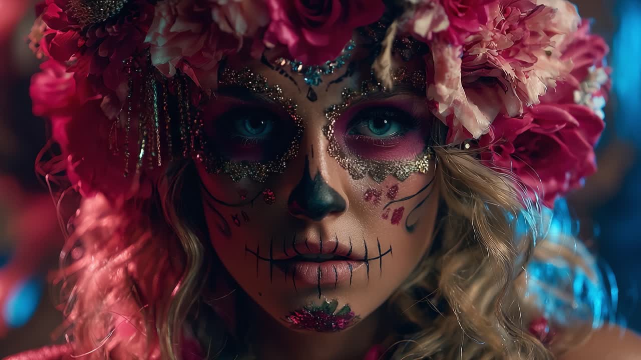 Un bellissimo ritratto di una modella che indossa un copricapo floreale e un elaborato trucco da teschio di zucchero, catturando l'essenza della celebrazione e della tradizione.