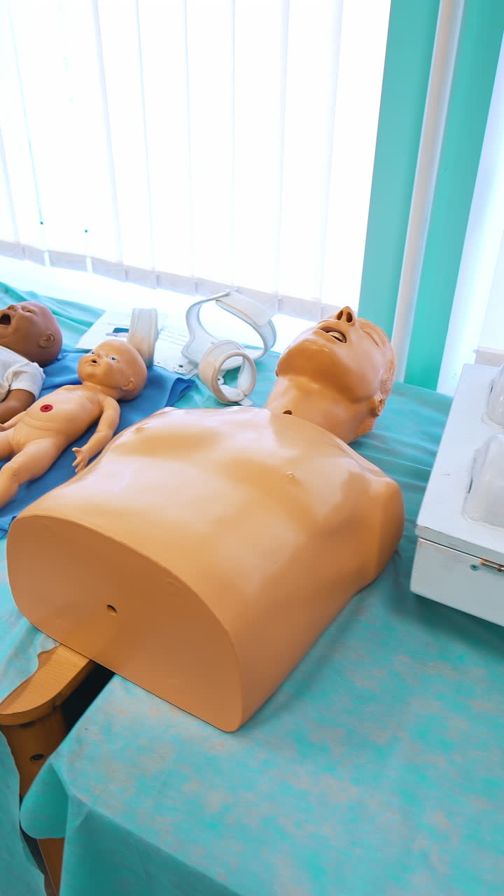 Mannequins on the table for medical training. Plastic dolls and parts of patient's body models for teaching practice in the university. Vertical video