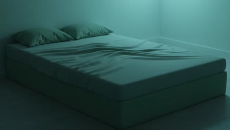 a serene transition in a dimly lit bedroom showcasing a clean, unmade bed with soft pillows, emphasizing tranquility and comfort in a minimalist setting