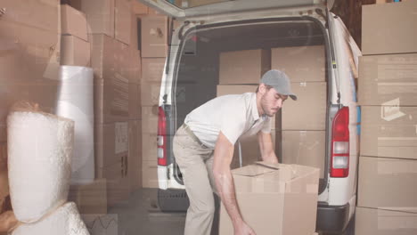 digital interface with data processing against caucasian delivery man stacking boxes in his van