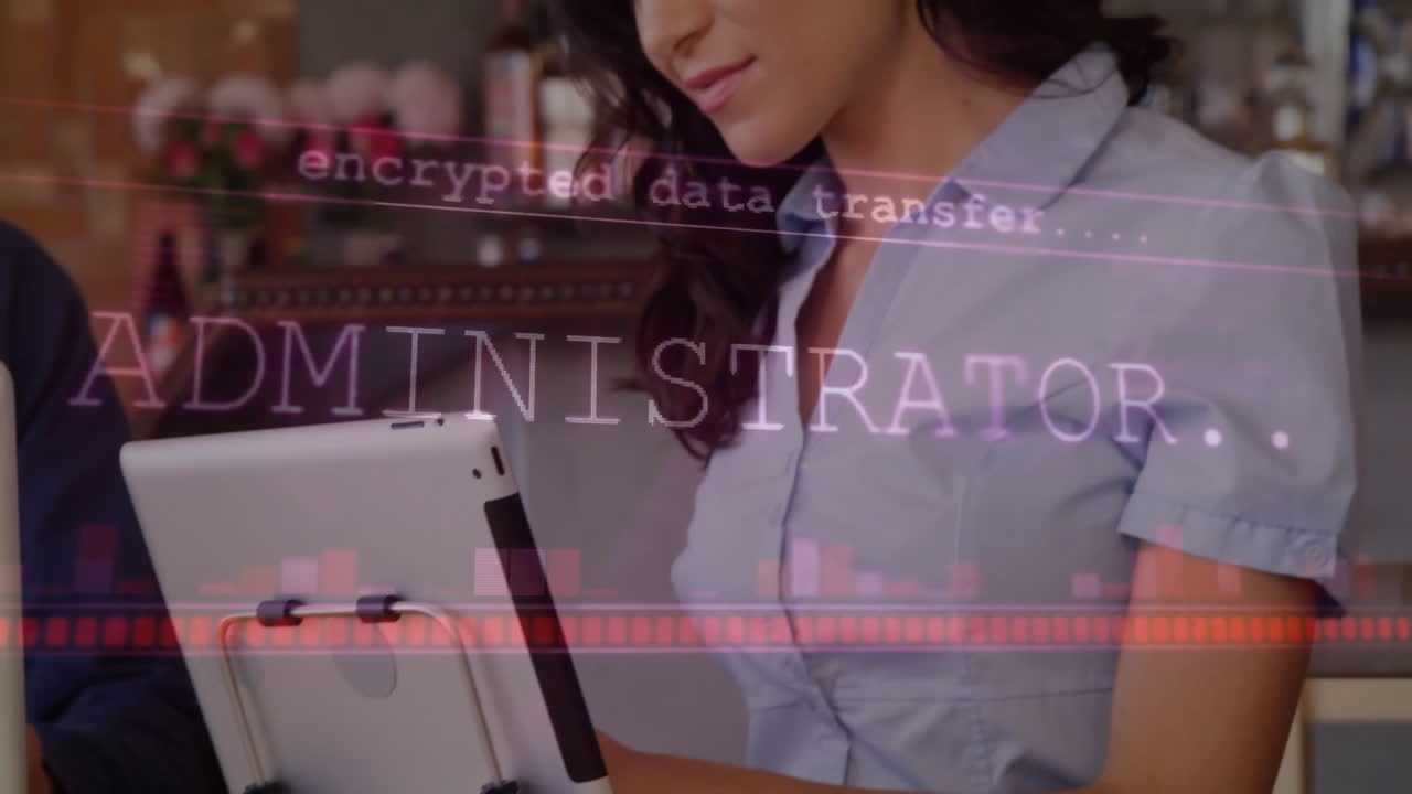 Woman interacting with tablet in cafe, showcasing encrypted data streams and security charts