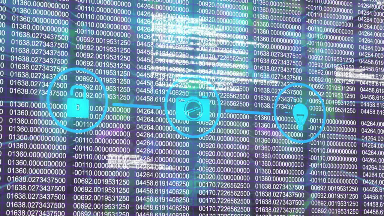 데이터 처리의 애니메이션, 파란색 배경에 아이콘을 가진 연결 네트워크