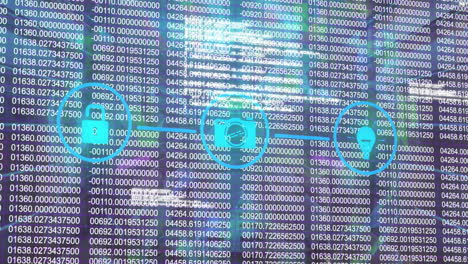 animación del procesamiento de datos, red de conexiones con íconos sobre fondo azul