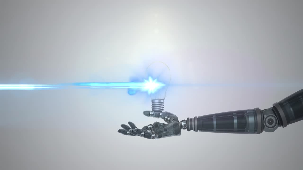 animación de una bombilla iluminada sobre la mano del brazo del robot, con luz en movimiento sobre un fondo gris