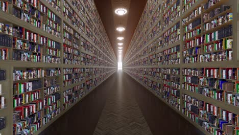 Long-library-corridor-with-bookcases-and-thousands-of-books,-wood-floor,-and-chandeliers-on-the-ceiling-3D-animation