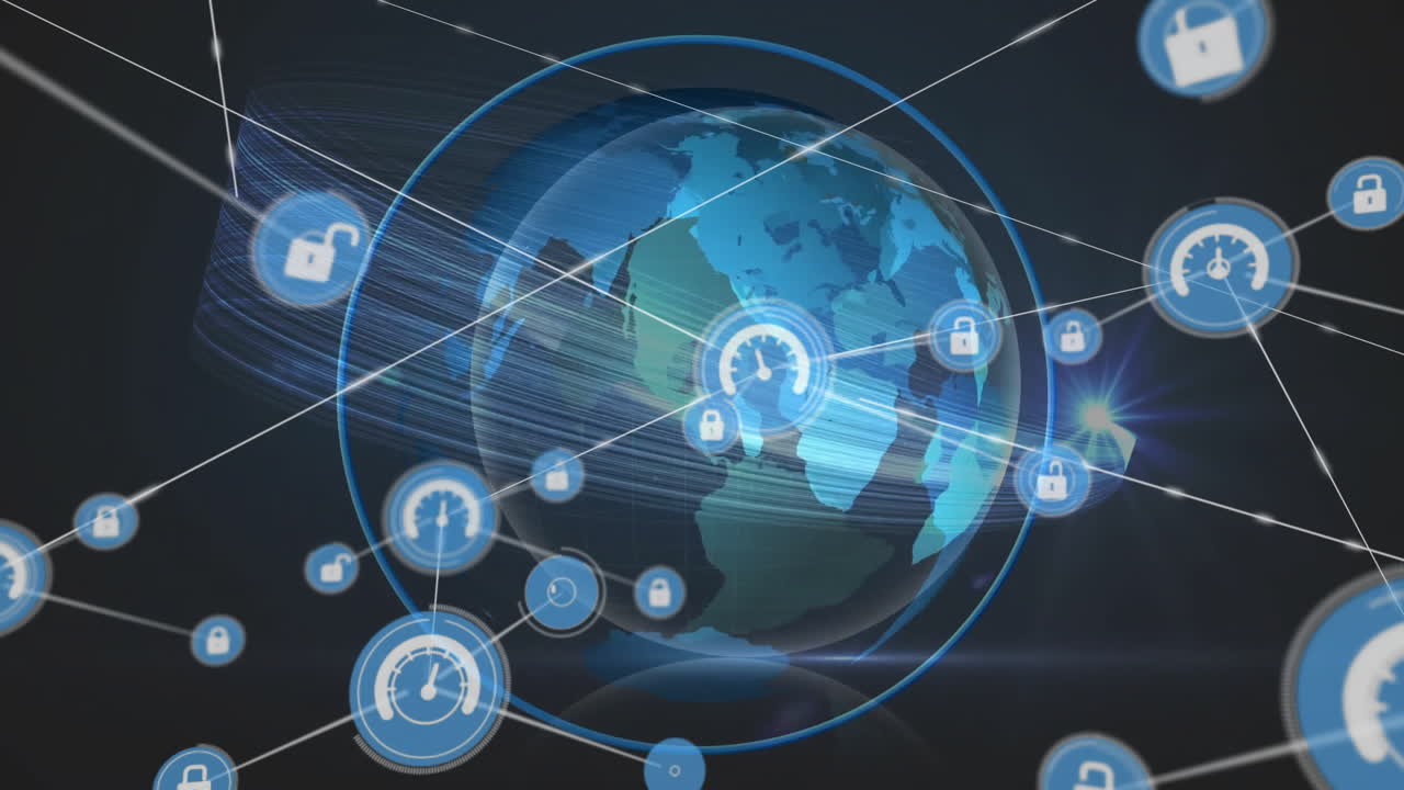 Network security and speed optimization animation over rotating globe