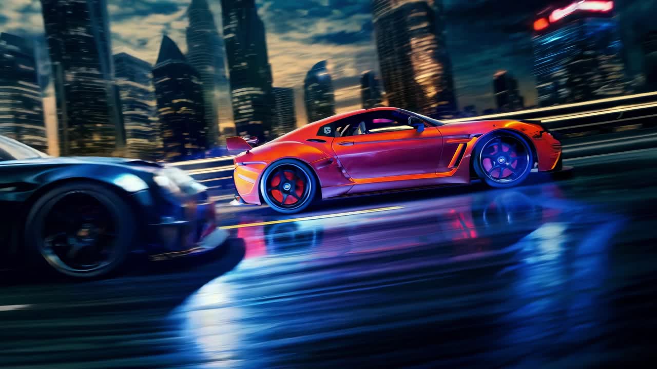 Dynamic low-angle shot of two sports cars racing on a wet city street at night