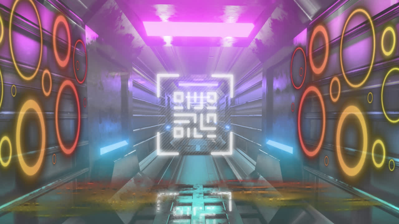 animación de círculos y código qr sobre túnel industrial en movimiento