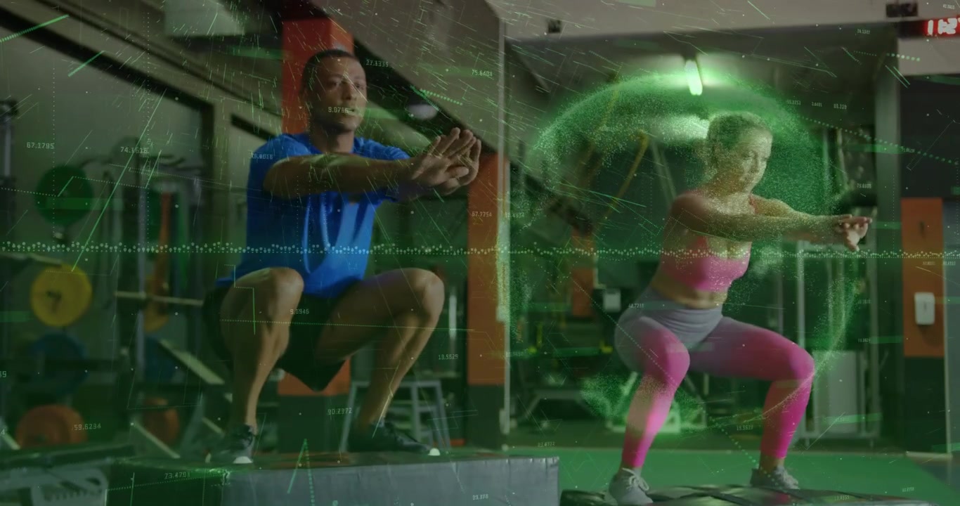 After pausing workout partners stepping on boxes squatting jumping off in gym with green overlay
