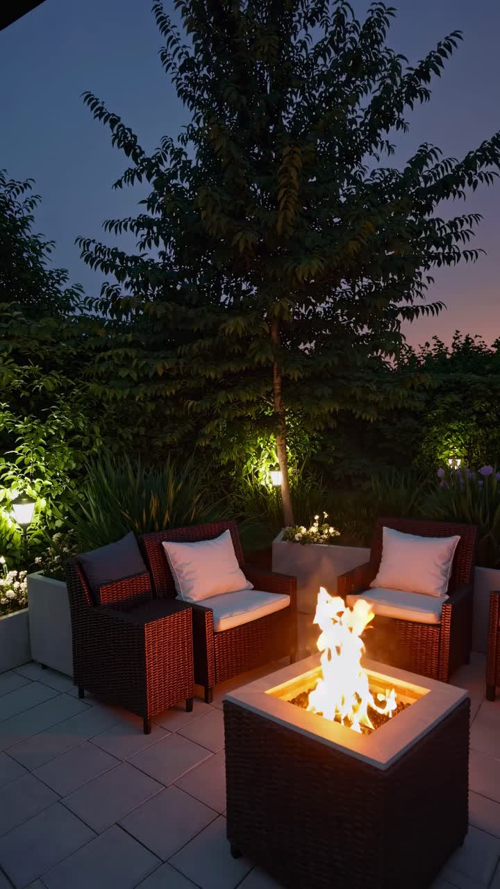 Evening patio scene with a fire pit surrounded by wicker chairs, captured from a low angle