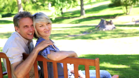 Affectionate-couple-sitting-on-park-bench-chatting