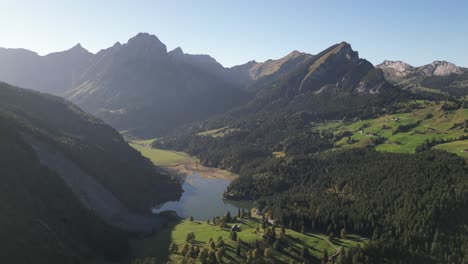 Aerial-shot-of-Swiss-alps-and-a-lake-situated-in-the-valley-near-the-forest