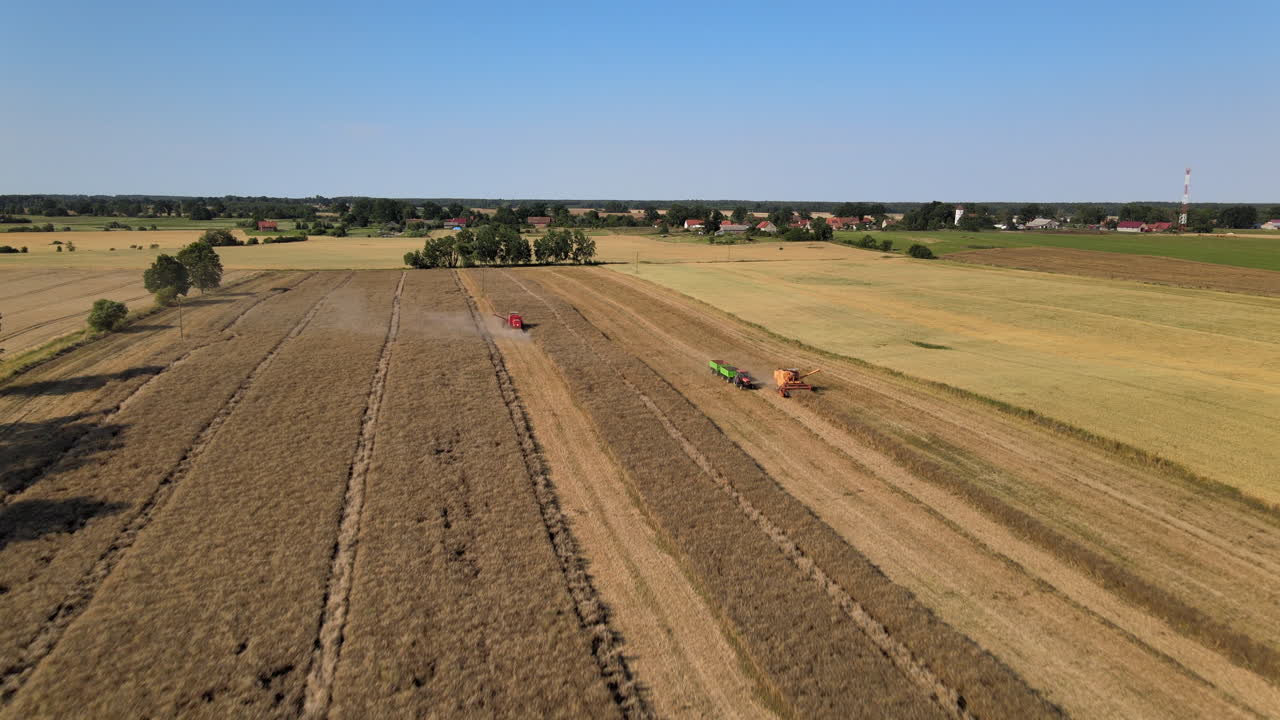 Dramatische Luftaufnahme polnischer Ackerflächen, während Erntemaschinen ununterbrochen Gerste ernten