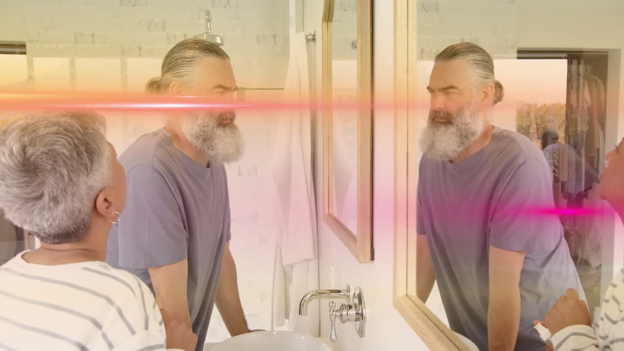 Man checking beard; woman entering applying cream at sink; mirror with pink streak, daily beauty