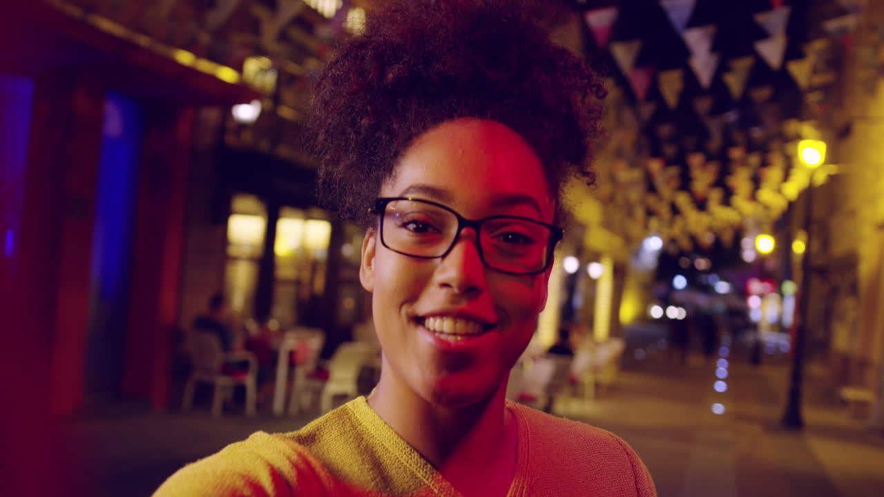 Nightlife Selfie A Young Woman Waves