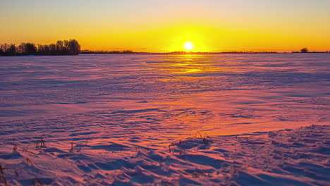 Sunrise-timelapse-over-snow-covered-windy-landscape-barren-with-trees-in-distance