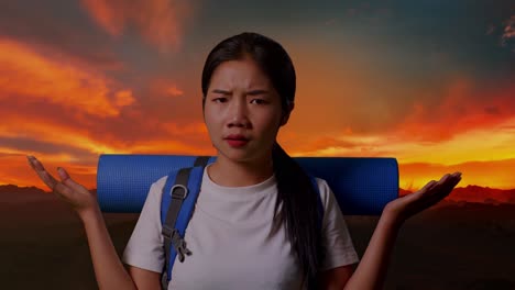 woman trekking disappointed at sunset