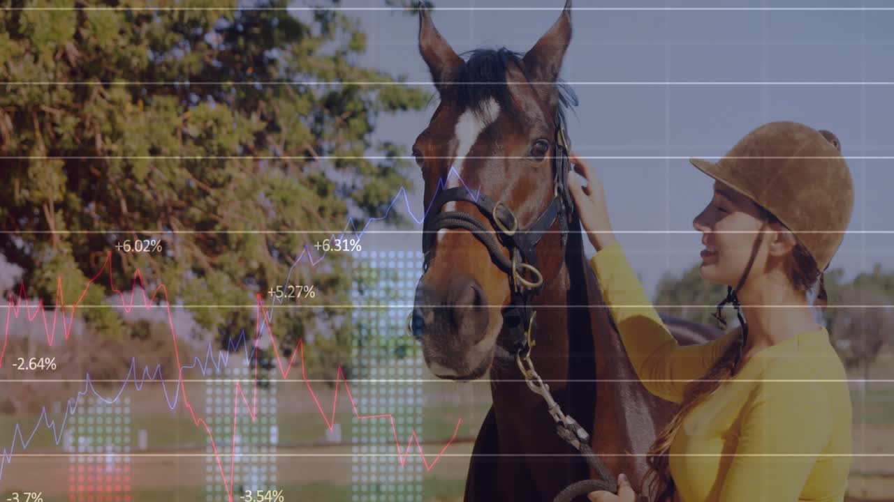 Equestrian stroking horse muzzle while transparent finance chart sliding in showing market gains