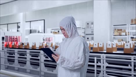 side view of asian male scientist taking note on a tablet while standing with conveyor for packaging coffee beans in bags at coffee factory