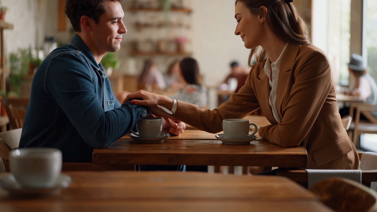 Caucasian Couple Touching Hands In Cafe Businesswoman Reassures Teacher Partner Over Coffee, Warm Sunlight,