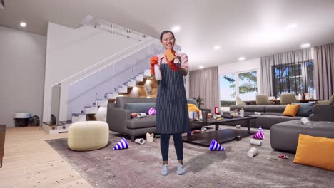 cuerpo lleno de sonriente ama de casa asiática con un delantal lavando vidrio por un spray y esponja de cocina en la casa