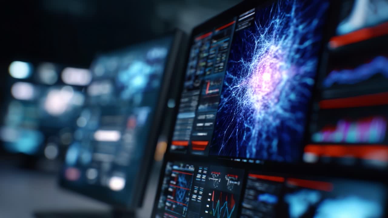 Advanced Data Visualization on Multiple Computer Screens with Dynamic Graphs and Neural Network Patterns in a High-Tech Environment
