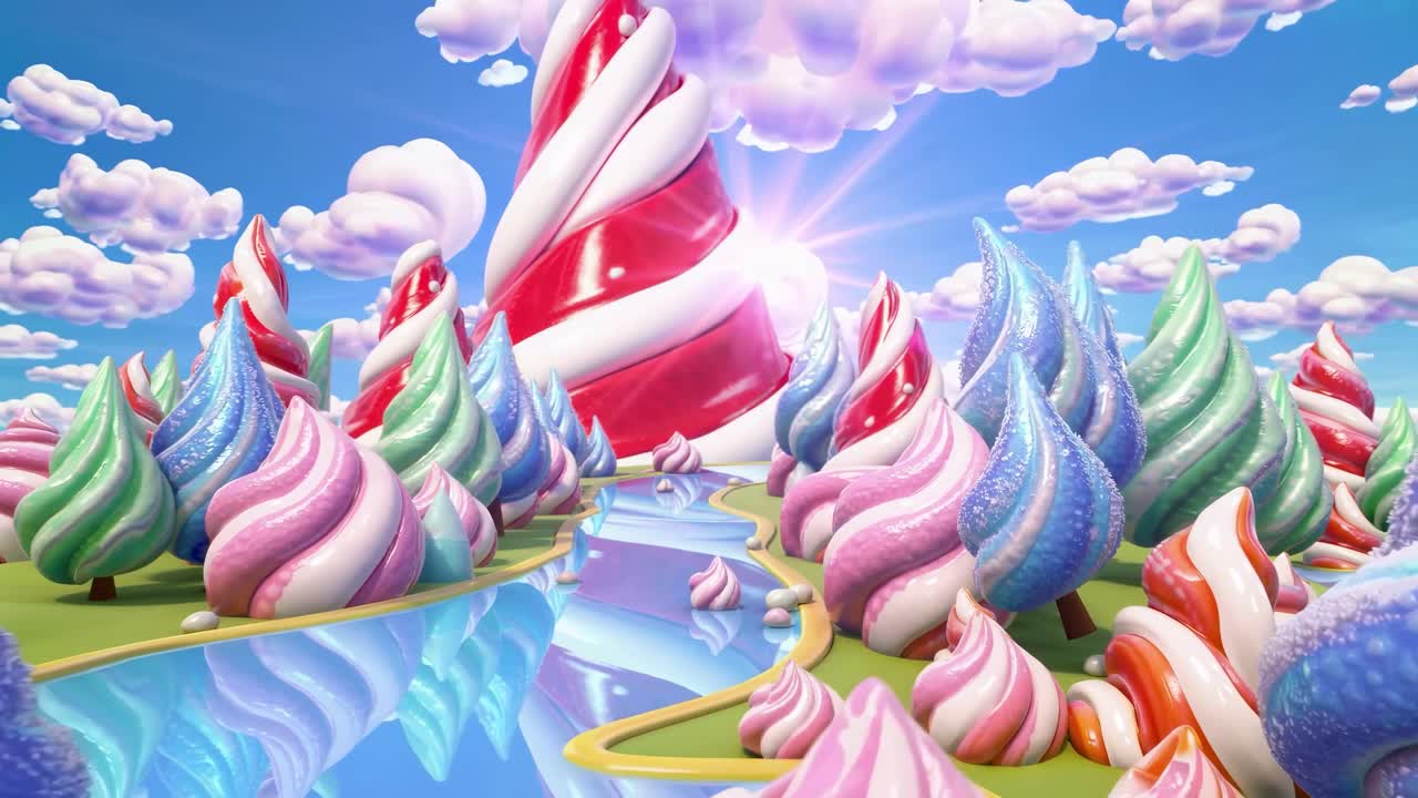 Whimsical candy land with pastel swirls and cones, viewed from a low angle