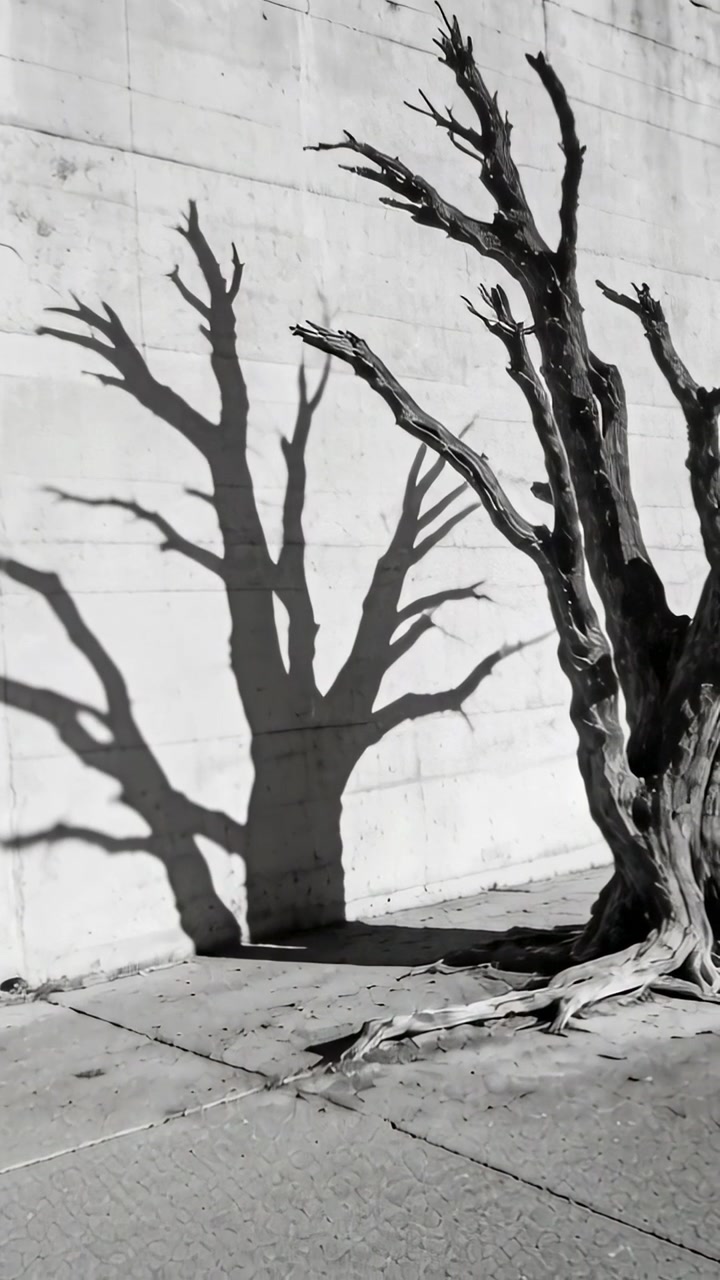 Vertical video: Casting sunlight making dead trunk throwing shadow on concrete wall in alley