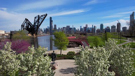 Skyling-Del-Centro-De-La-Ciudad-De-Chicago-Con-árboles-Florecientes-De-Primavera-En-El-Parque-Aéreo