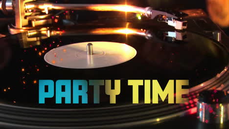 animation of party time text and record player at party with lights on black background