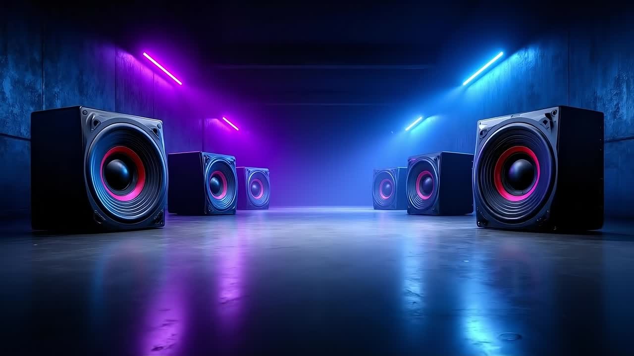 A row of speakers in a dark room with purple and blue lights