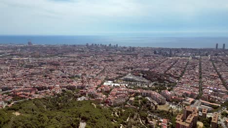 a clear cinematic wide-angle aerial drone of barcelona cityscape