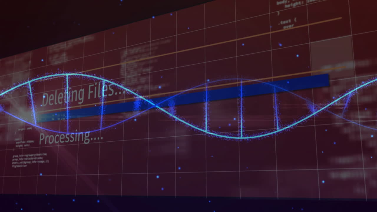 Binary coding and DNA strand animation showing scientific data processing