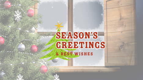 animation of seasons greetings and best wishes christmas text with tree over winter snowy window