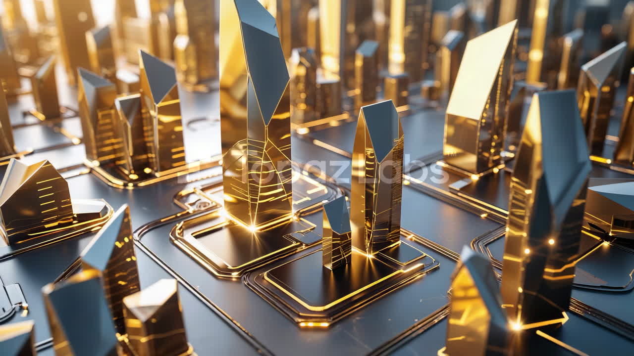 Golden Futuristic Digital Cityscape with Network Circuits
