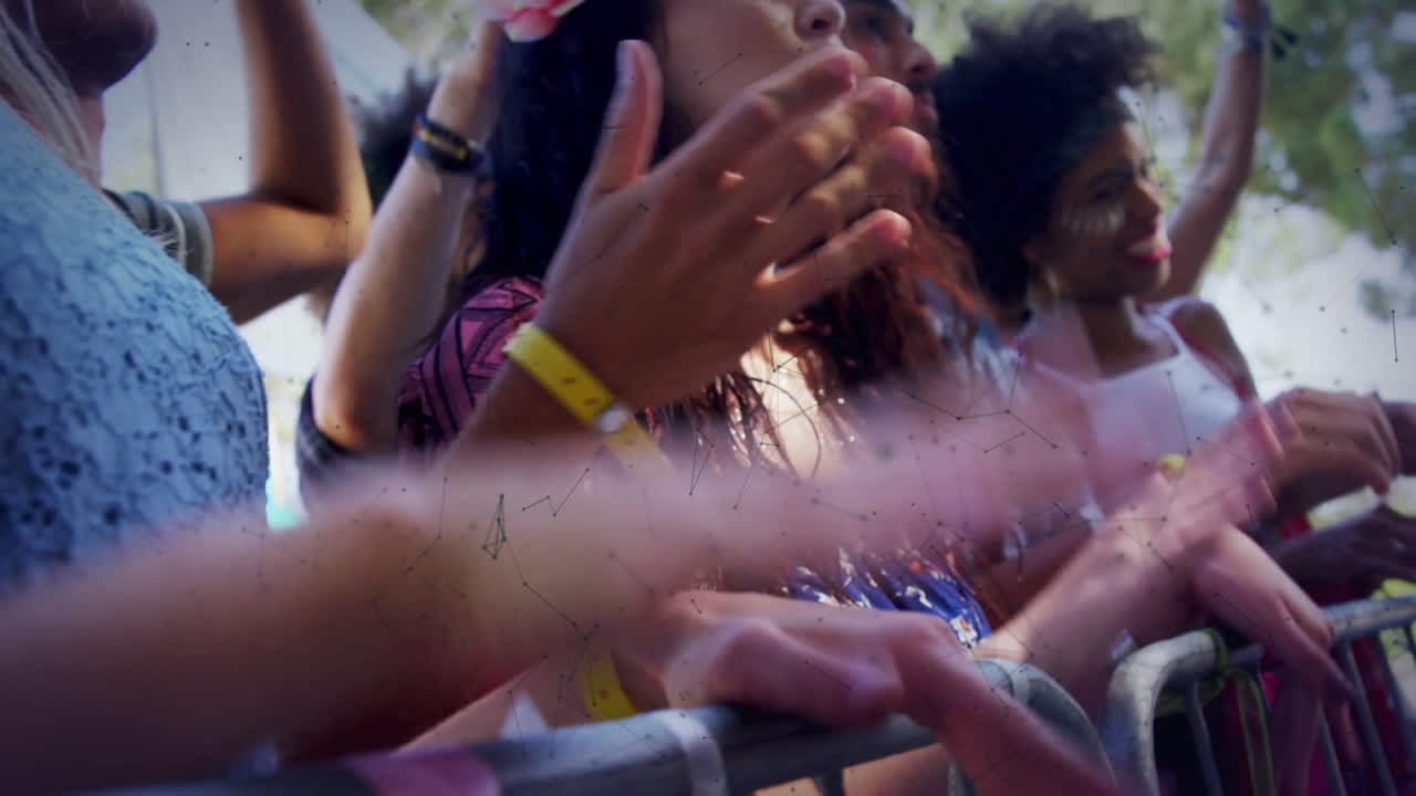 Outdoor concert with people connected through digital network animation overlay