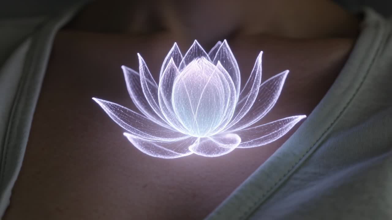 Gocciolina che appare sopra lo sterno, sulla parte superiore del petto con una canotta bianca in una stanza in penombra, formando un loto luminoso.