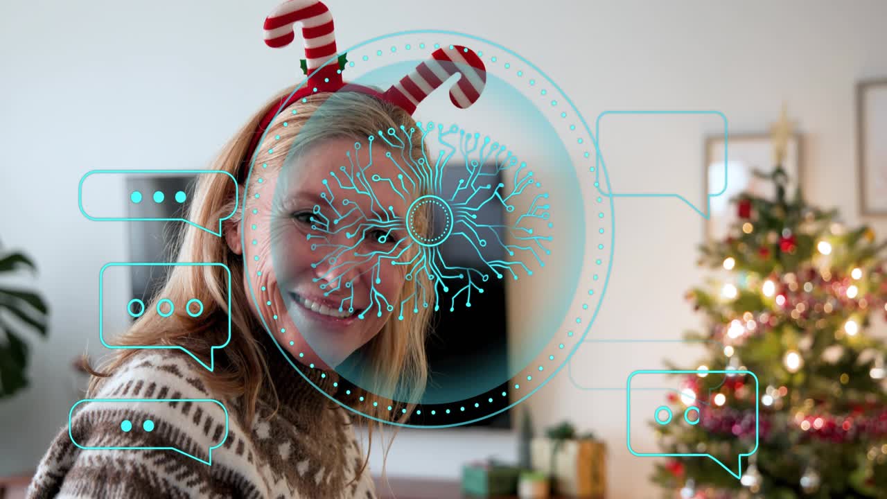 Mature woman entering left sipping red mug activating tech overlay over face by xmas tree toasting