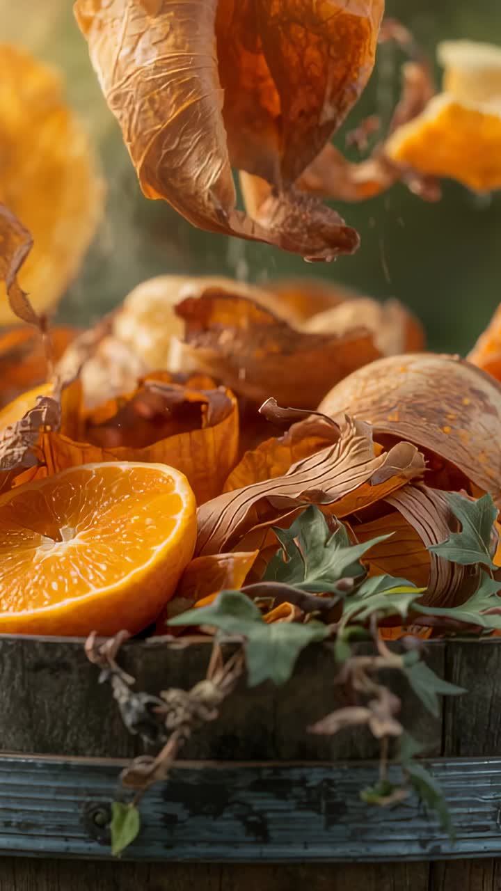 Vertical video: Dropping orange chips piling over peels in tub, with half orange and vine leaves