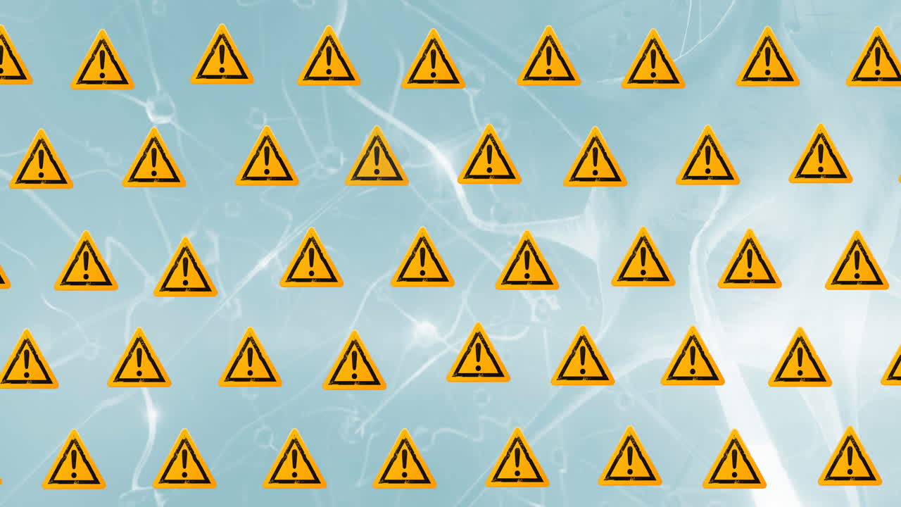 파란색 배경에 있는 신경세포 위의 경고 표지판의 애니메이션