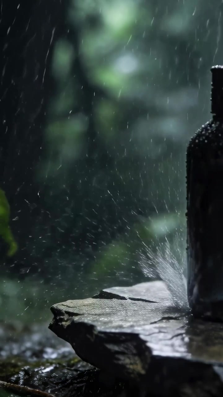 Video vertikal: Hujan turun menghantam lempengan batu di samping botol gelap di kanan, memercik, dengan ruang untuk teks.