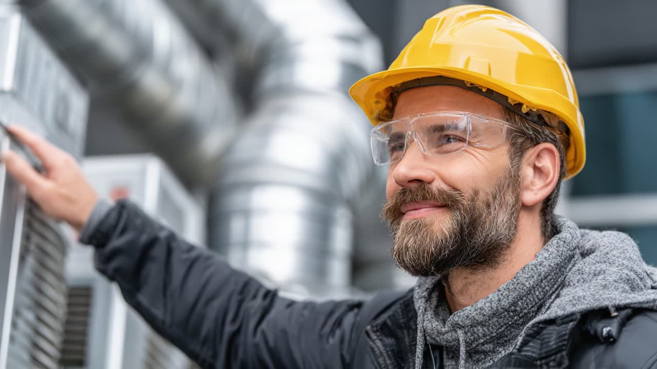 An industrious worker in safety gear confidently inspects HVAC systems, demonstrating commitment to quality and safety in a mechanical environment