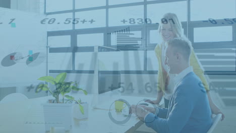 animation of multiple graphs and trading board, caucasian coworkers discussing reports on desktop