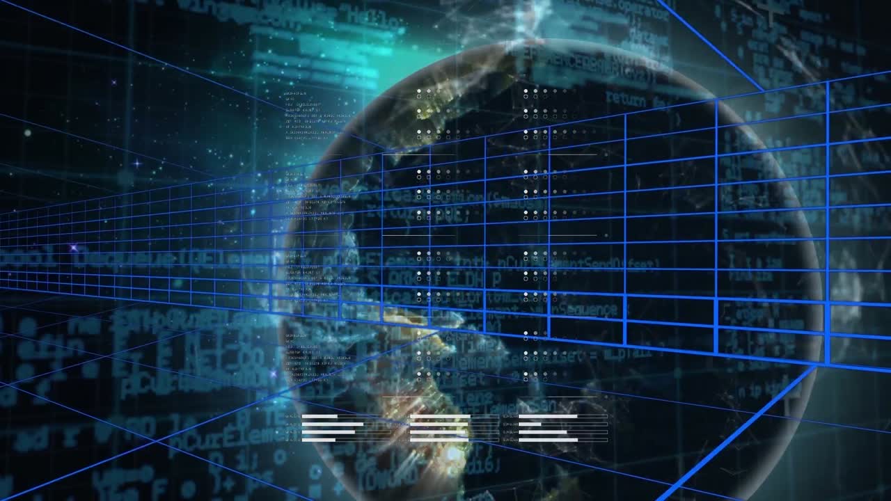 Animation of globe with data processing on black background