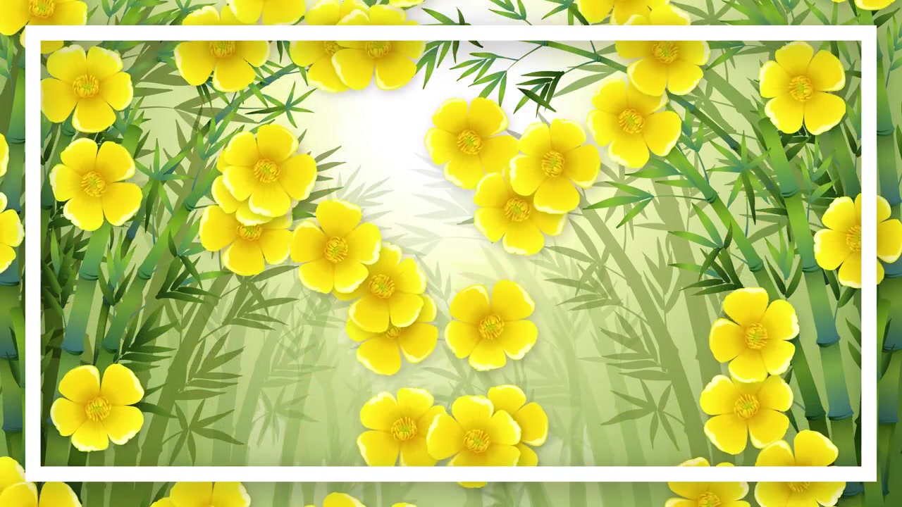 Stylized yellow blossoms drift downward against a lush green bamboo forest with white frame border.